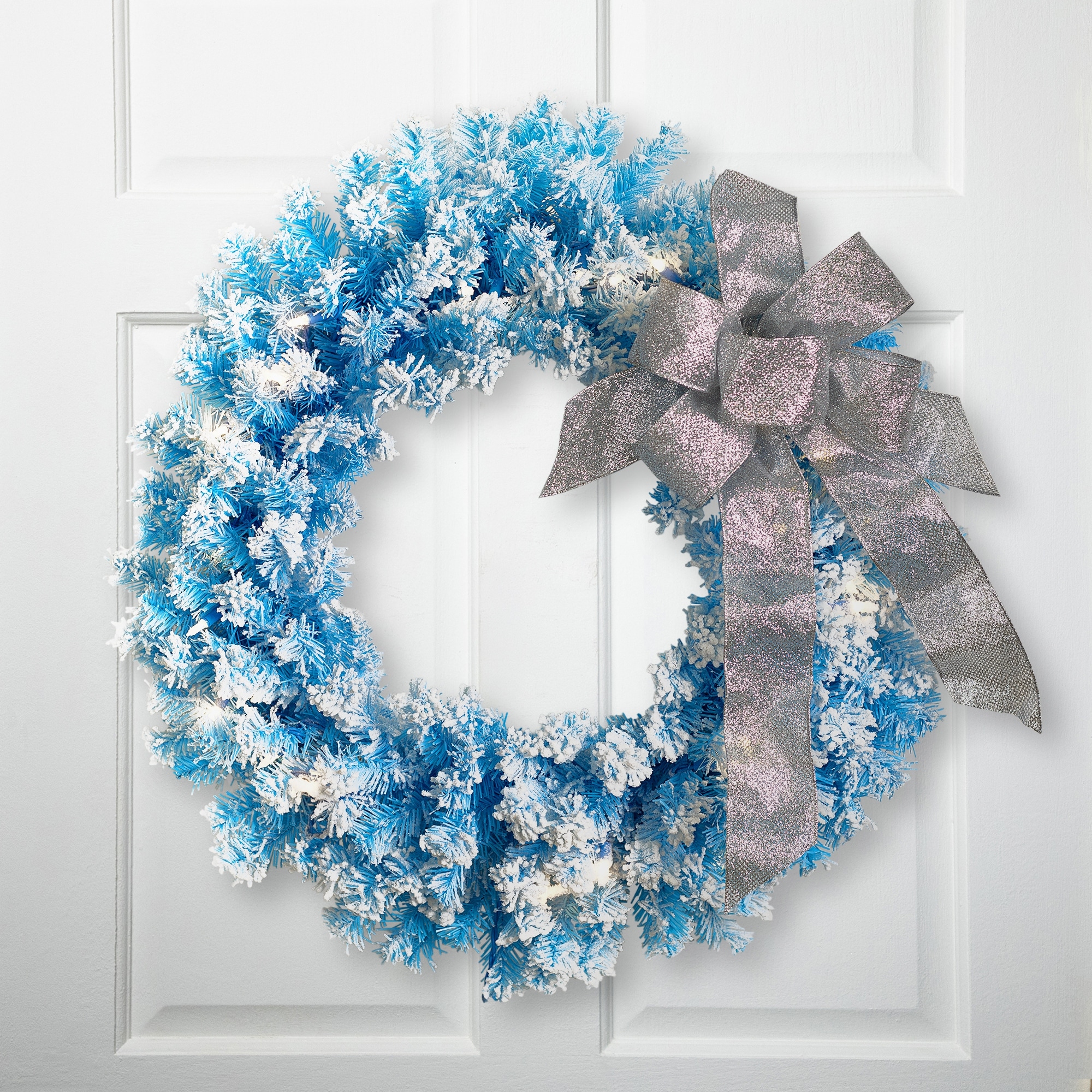 Flocked Pine Artificial Christmas Wreath 24" Sky Blue Clear Lights