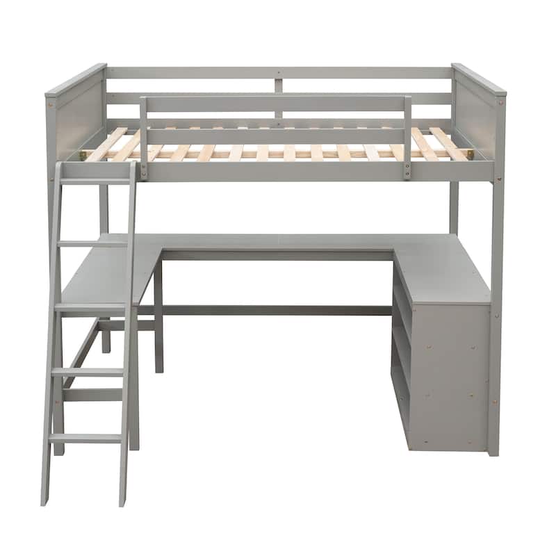 Full Size Loft Bed with Desk and Bookshelves, Wooden Frame, Perfect for Kids, Teens, or Guest Rooms, Space-Saving