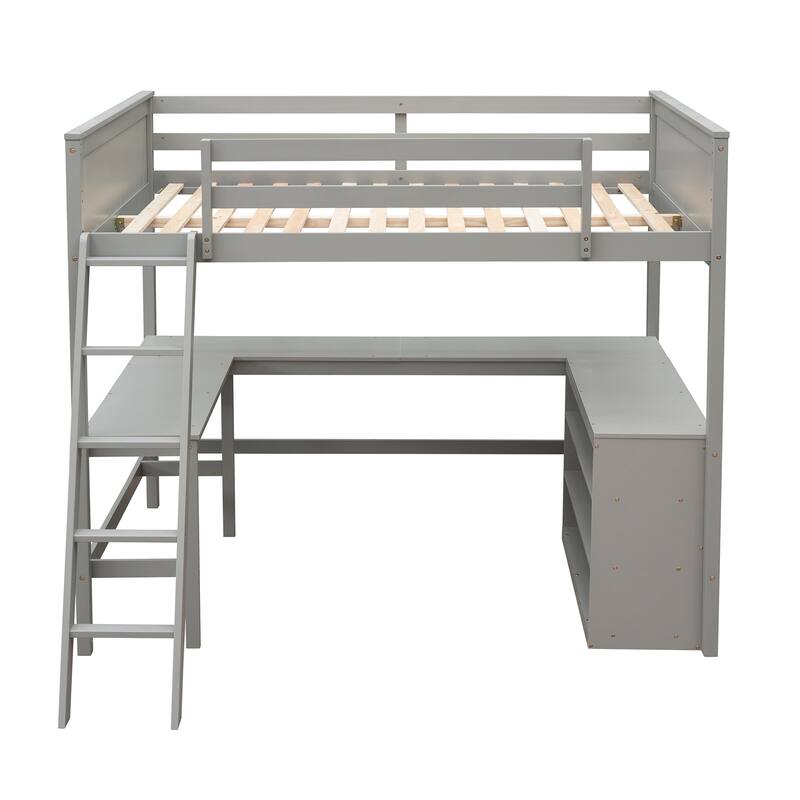 Space-Saving Full Size Loft Bed with Shelves and Desk in Gray
