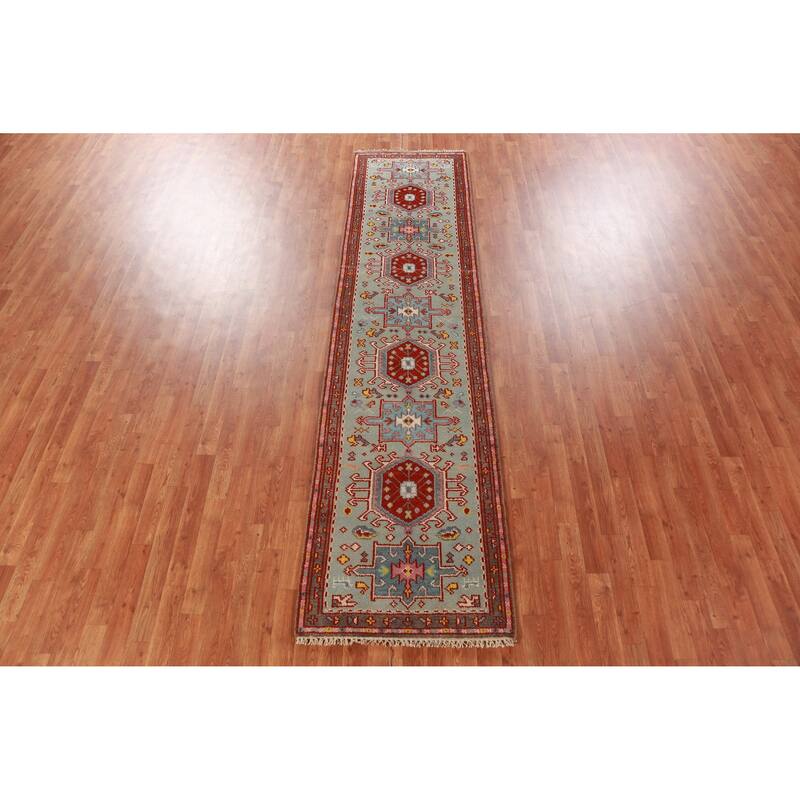 Hand Knotted Oriental 100% Wool Carpet Transitional Geometric Navy Blue & Blues Khotan Runner Rug - 10' 0'' X 2' 5''