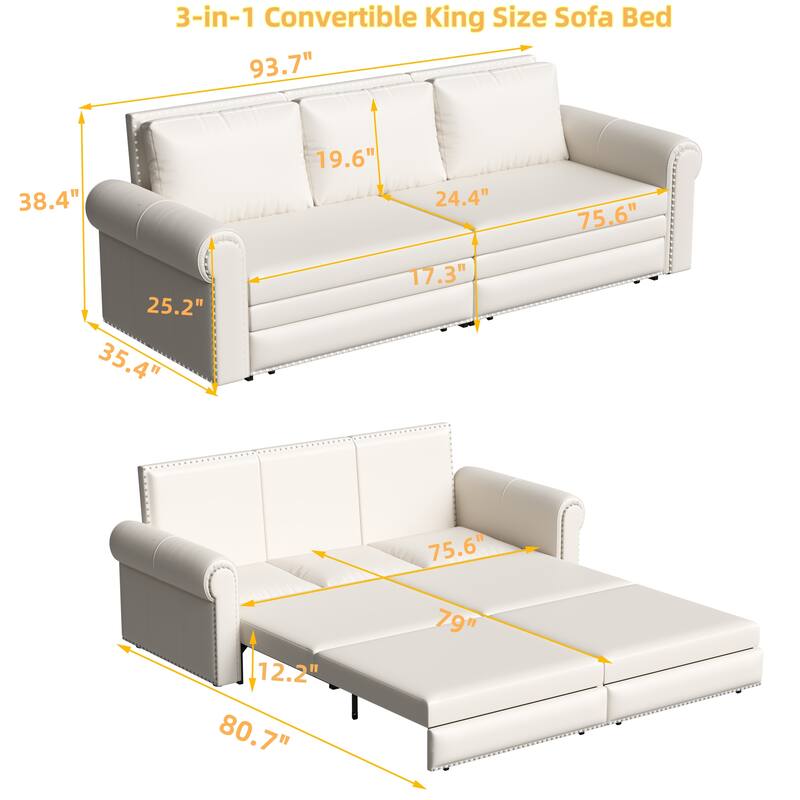 Chesterfield Sofa, 93.7" Faux Leather Convertible Sleeper Sofa Bed, Vintage 3-in-1 Pull Out Couch w/ Nailhead Trim & Rolled Arms
