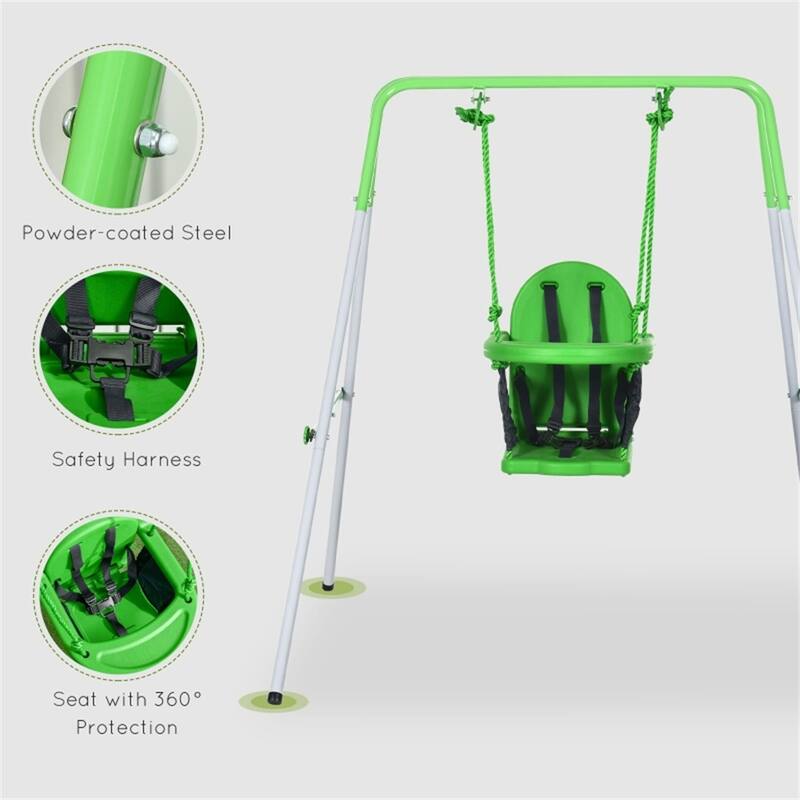 Green Steel and PE Kids Swing Set with Safety Belt and Anti-Slip Pads - 57.5" L x 48" W x 48" H