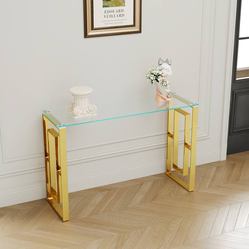 Gold Glass Top Console Table with Stainless Steel Legs Modern Minimalist Entryway Living Room Accent Furniture