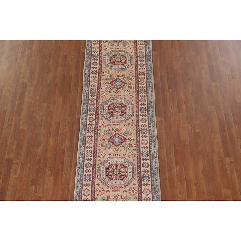 Hand Knotted Oriental 100% Wool Carpet Traditional Geometric Beige & Ivories Kazak Runner Rug - 12' 9'' X 2' 9''