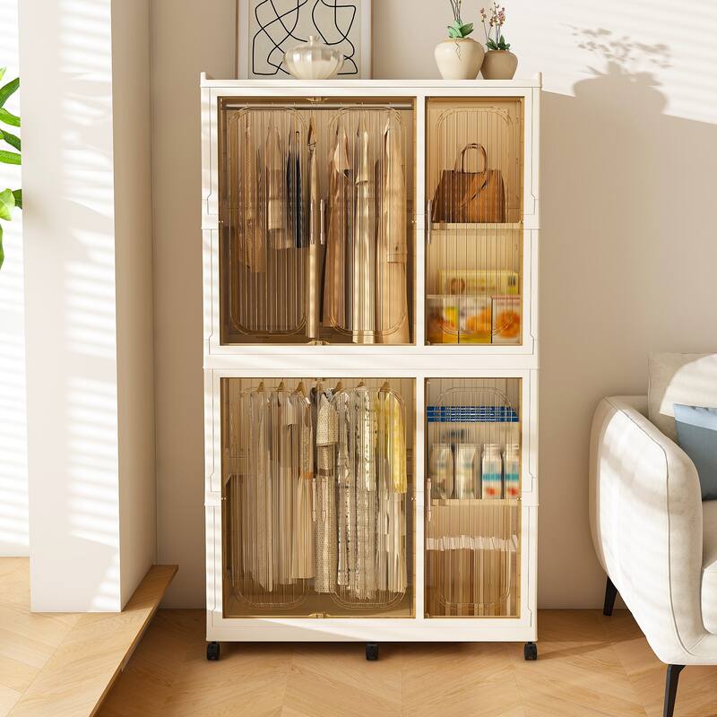Portable Wardrobe Closet Organizer,Clothes Dresser,6 Magnetic Doors-6 Cubes&2 Hanging Rod,6 pcs hangers,Baby Wardrobe Cabinet - Cream White