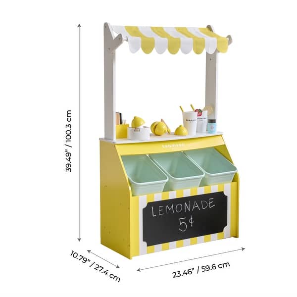 Teamson Kids Pretend Play Lemonade Stand Playset with Interactive Accessories in Yellow and White for Age 3 Toddler