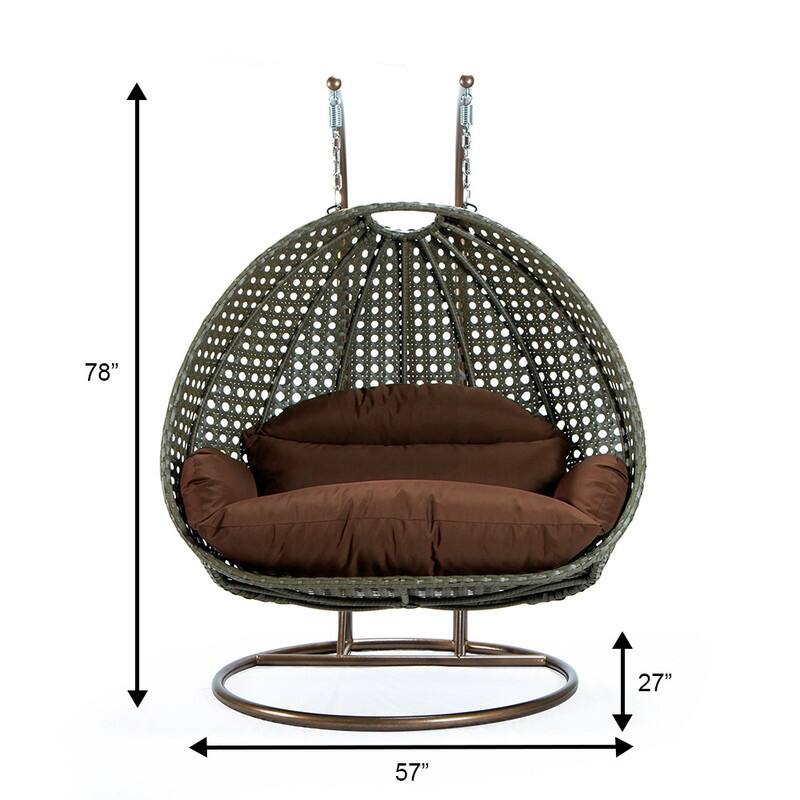 LeisureMod 2-Person Hanging Egg Swing Chair with Metal Stand - Handcrafted Charcoal Wicker, Patio Hammock Lounger with Cushions
