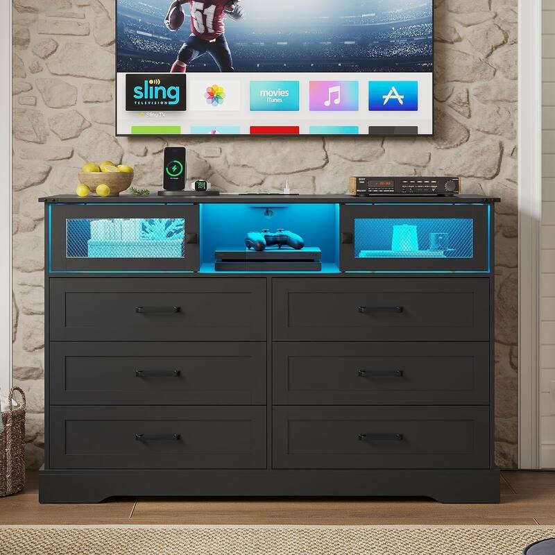6 Drawers Dresser LED Charging Station Farmhouse Chest of Drawers - Black