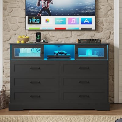 6 Drawers Dresser LED Charging Station Farmhouse Chest of Drawers