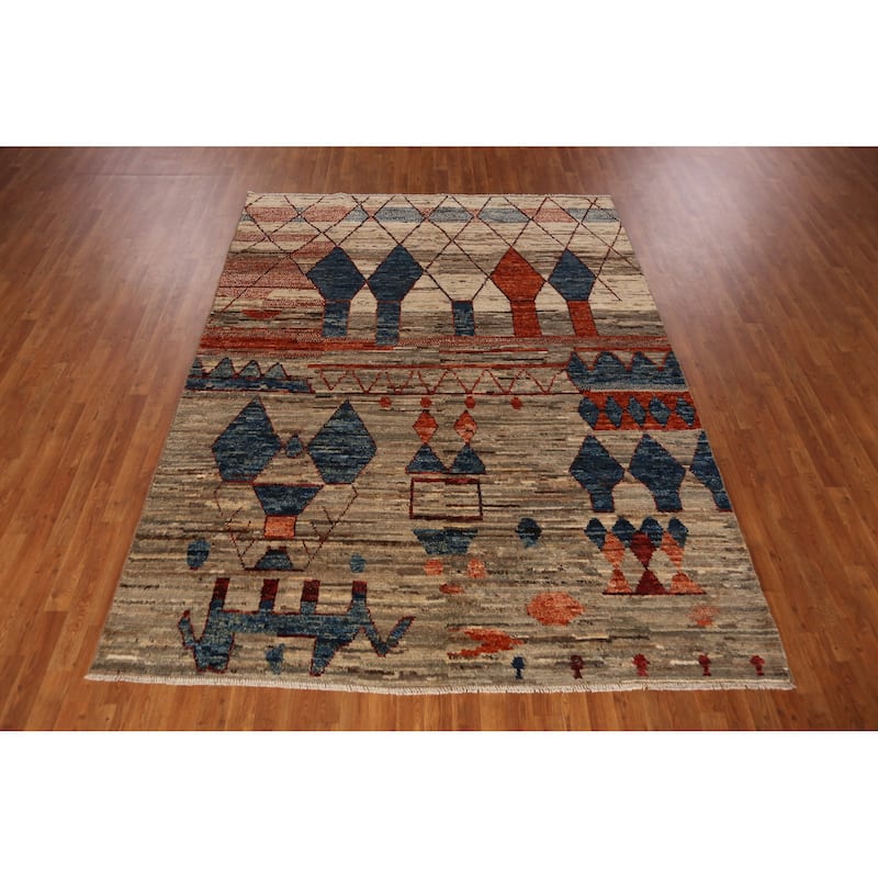 Geometric Moroccan Oriental Rug Handmade Brown Wool Carpet - 7'3" x 9'7"