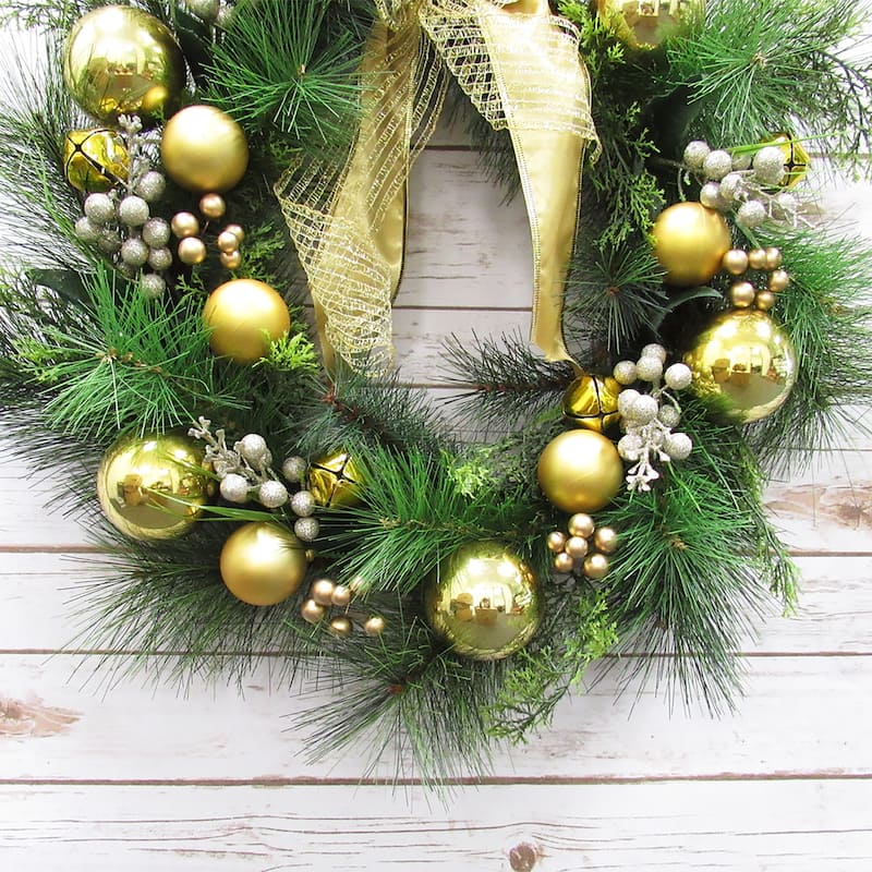 Deluxe Gold Artificial Ornament Bell Berry & Pine Christmas Wreath 24in - 24" L x 24" W x 6" DP