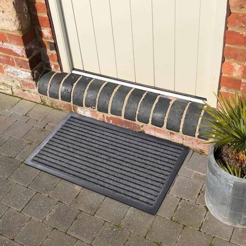 Durable Gray and Black Striped Front Door Mat 24x16 Indoor/Outdoor