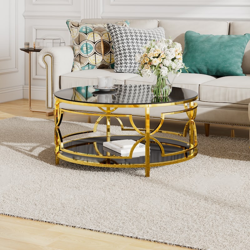 Glass Coffee Table Round Living Room Table, Luxurious Storage Table with Lower Shelf, 30.7" Center Table with Tempered Glass Top