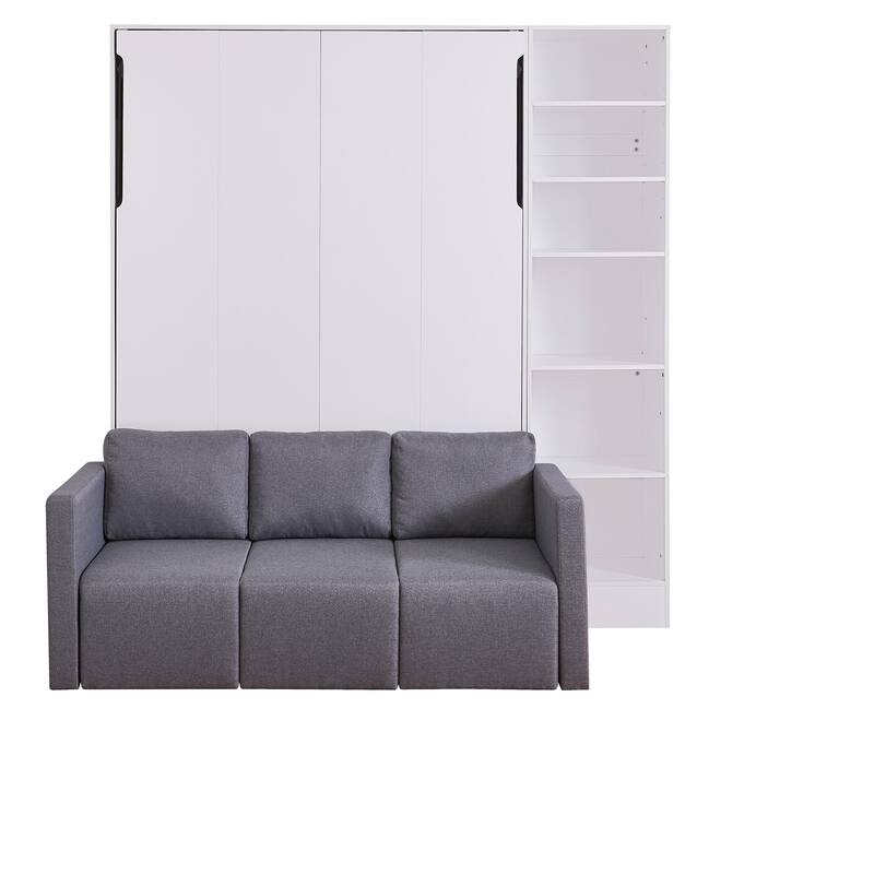 Full Size Modern Design Versatile Murphy Bed with Integrated Floor-Level Storage Cubbies,Sofa and Shelves for Bedroom