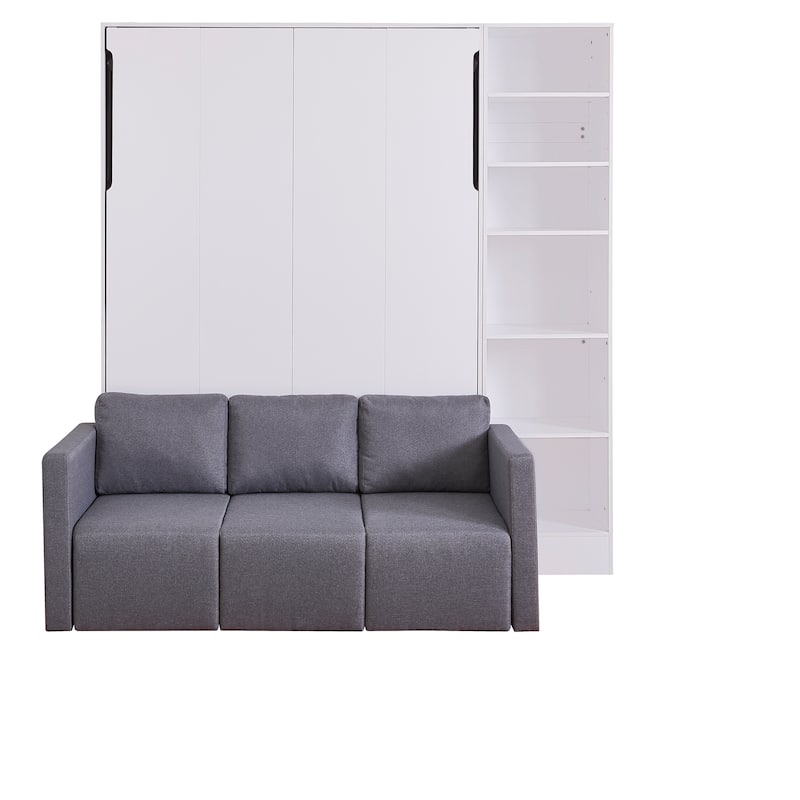 White Full Size Versatile Murphy Bed with Floor-Level Storage, Sofa, and Shelves