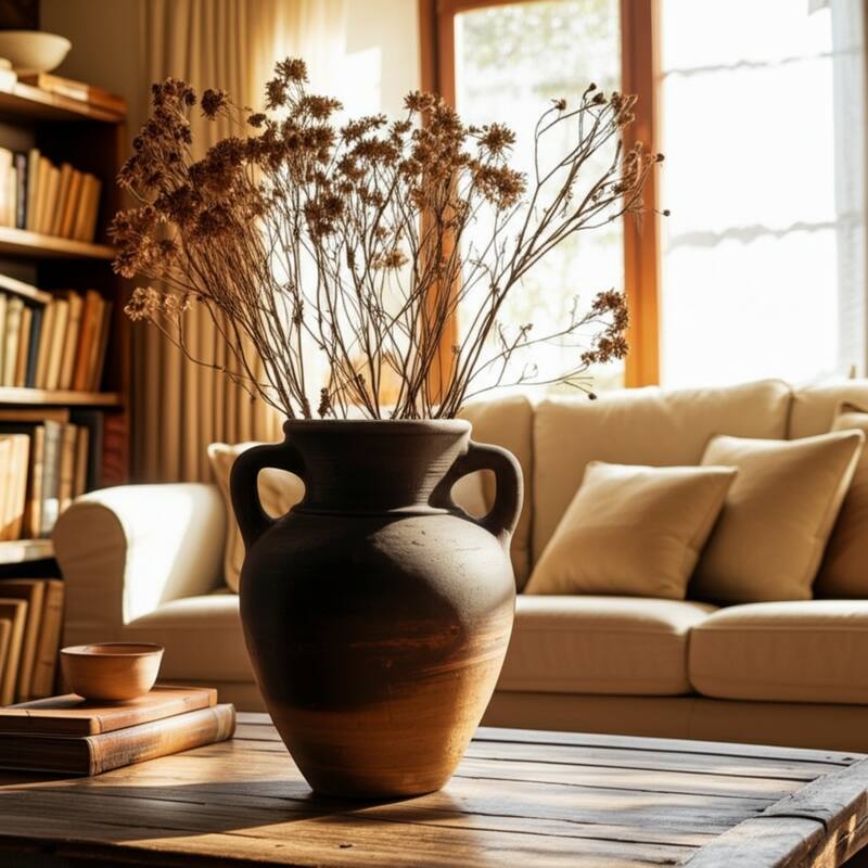 Handcrafted Terracotta Pottery Vase with Amphora Shape and Handles