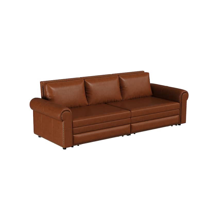 93.70"Faux Leather 3-Seater Sleeper Sofa Bed with Chaise, Retro Style with Rivet Trim
