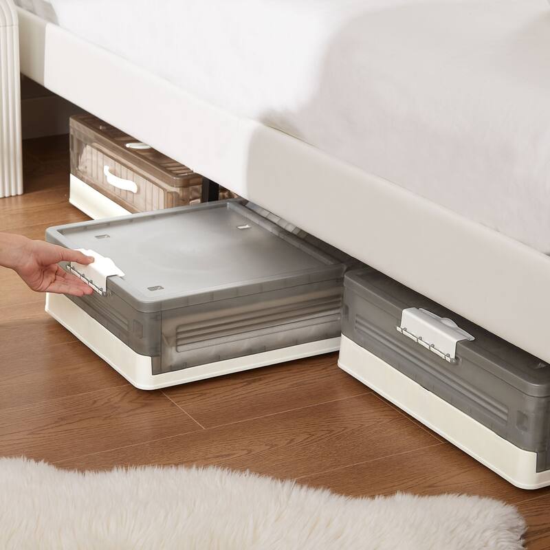 2 Pack Stackable Under Bed Storage Bins Drawer Containers with Wheels, Plastic Storage Box with Latch Lid