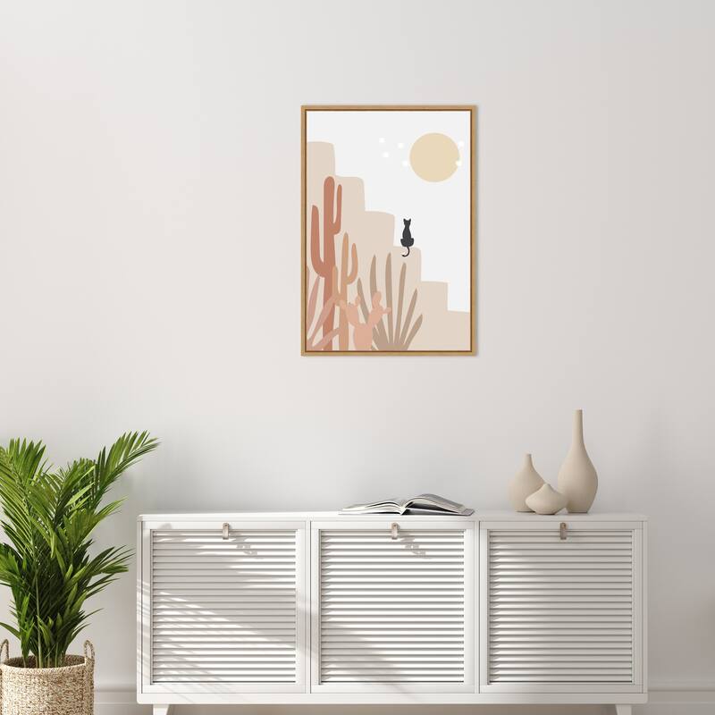Cat with Cactus by Melloi Art Prints Framed Canvas Wall Art Print - Sylvie Natural