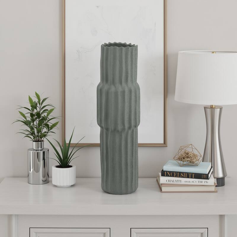 Decorative Accent Vase, Sleek Cactus Design, 24 Inch Green Ceramic