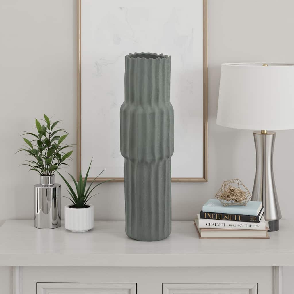Decorative Accent Vase, Sleek Cactus Design, 24 Inch Green Ceramic