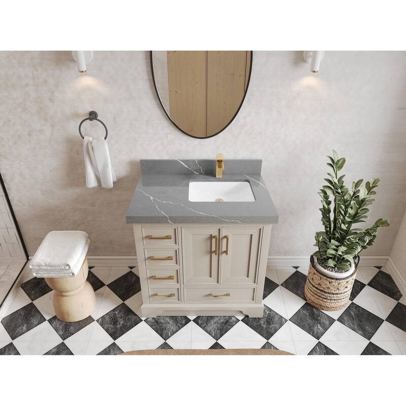 Willow Collections 36 x 22 Charlotte D Right Offset Sink Bathroom Vanity with Countertop - 2" Piatra Gray - Fine Grain