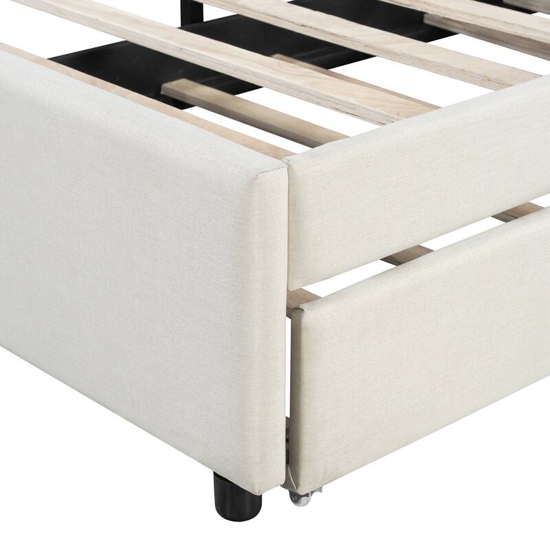 Queen Size Upholstered Platform Bed with Brick Pattern Headboard and Twin XL Size Trundle, Linen Fabric, Beige