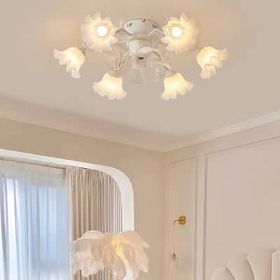 Flower Chandelier Fan with Light and Remote, Modern Flush Mount Ceiling Fan, Bulb Not Included