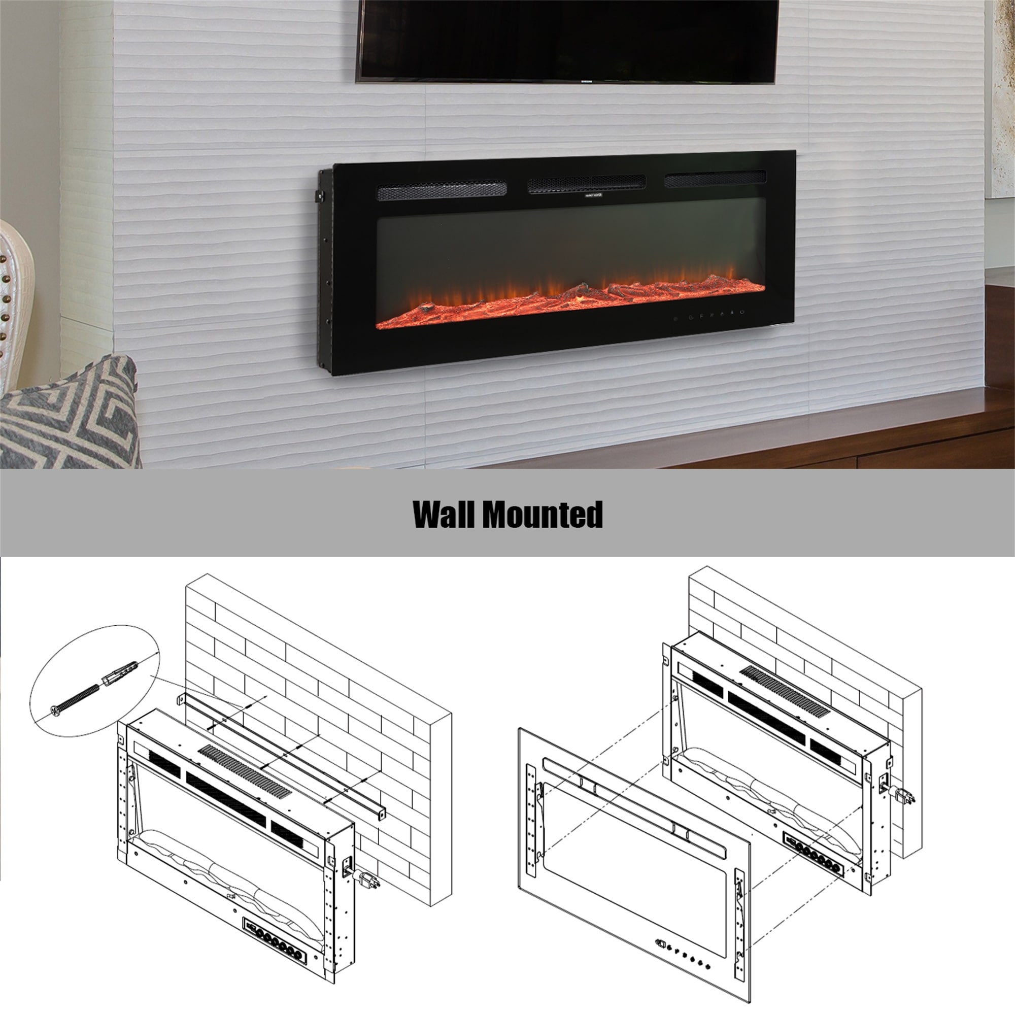 Clihome 42-72 Wall-Mounted w/ RC (1500W) Electric Fireplace - 50 in.