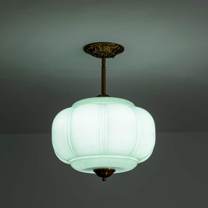 1-Light Retro Antique Brass Pumpkin Shaped Flush Mount Ceiling Light/Pendant Light with Milk/Green Glass for Kitchen,Dining Room