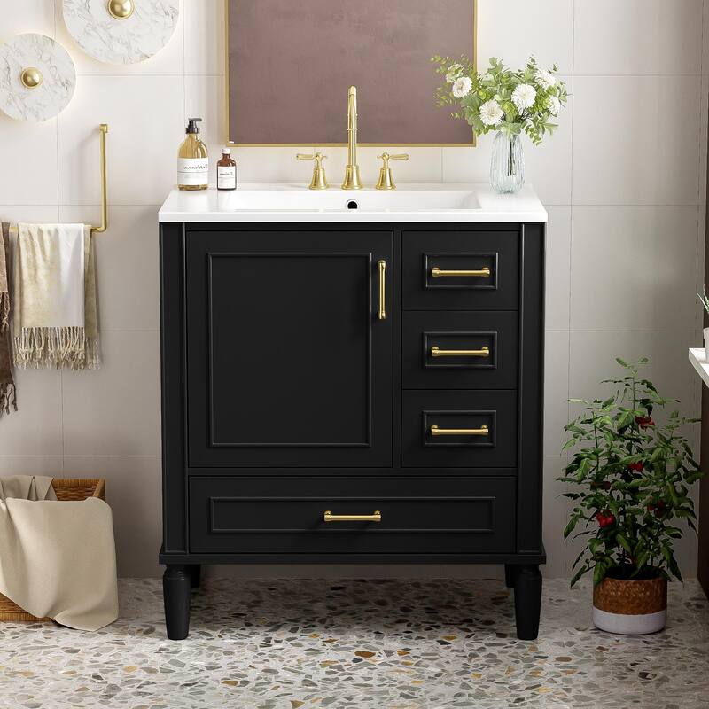 Solid Wood Bathroom Vanity with Ceramic Sink, Bathroom Storage Cabinet with 3 Drawers, Soft Close Doors & Built-in Shelf