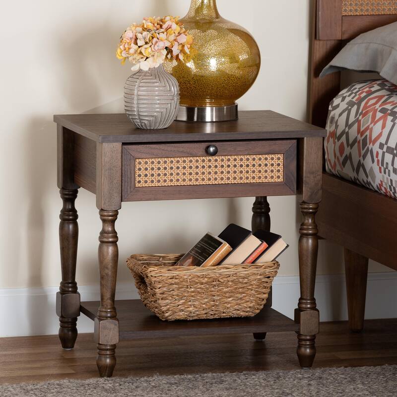 Roden Transitional Dark Brown Nightstand with Rattan