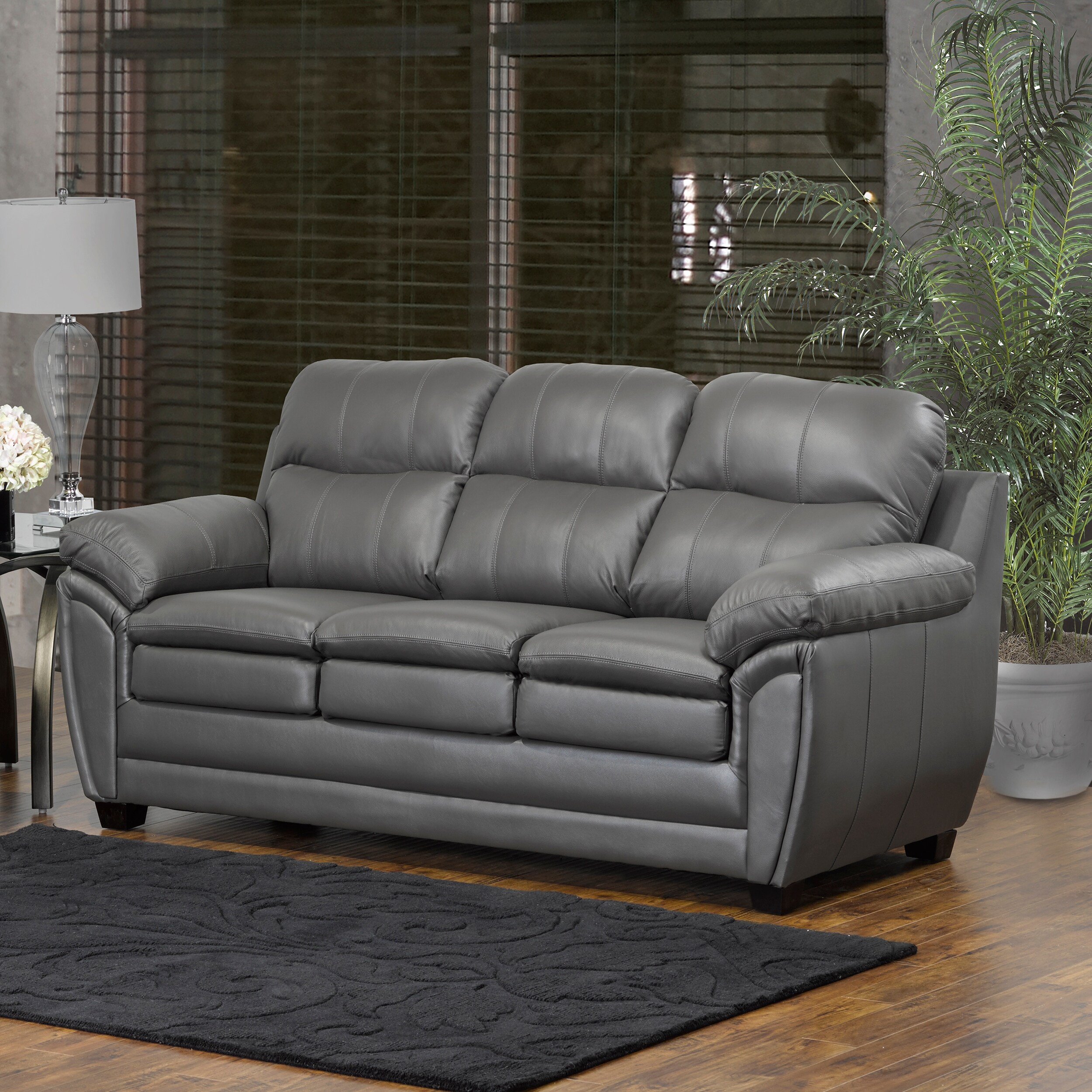 Marcus Premium Grey Top Grain Leather Sofa and Chair Set Bed