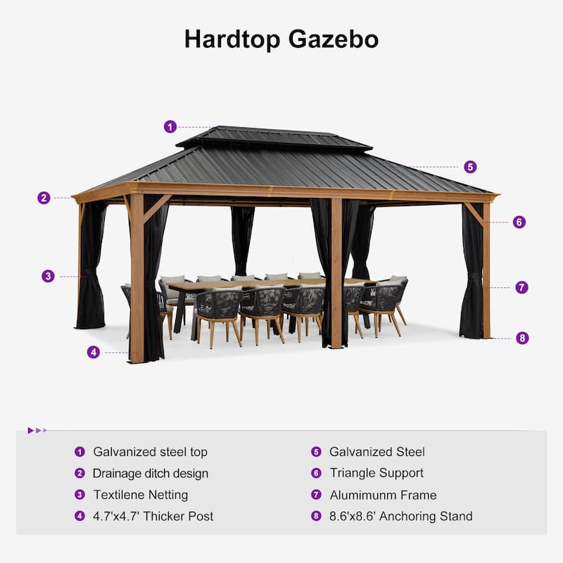 PURPLE LEAF Hardtop Gazebo Galvanized Steel Roof Gazebo Pergola w Wooden Coated Alumninum Frame and Mosquito Net