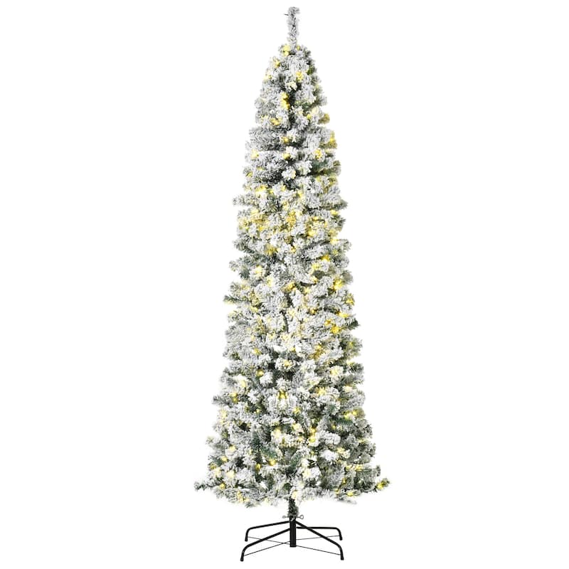HOMCOM Pre-Lit Snow-Flocked Slim Douglas Fir Tree - Realistic Branches, LED Lights - Green