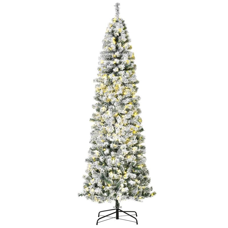 Pre-Lit Snow Flocked Artificial Christmas Tree with Warm LED Lights and Steel Base, Multiple Heights - 7.5 Foot - Green