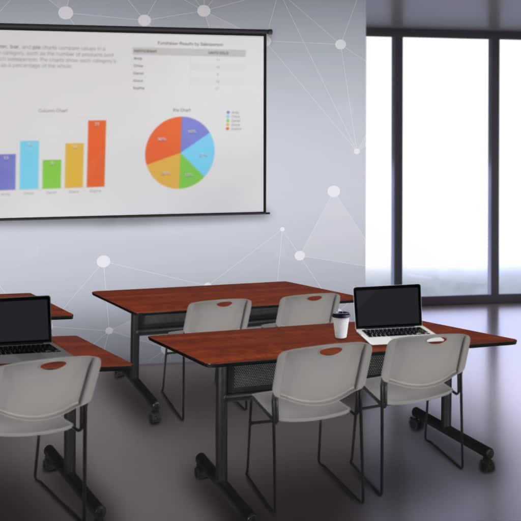 60" x 30" Flip Top Mobile Training Table with Modesty Panel- Cherry and 2 Stack Chairs- Grey