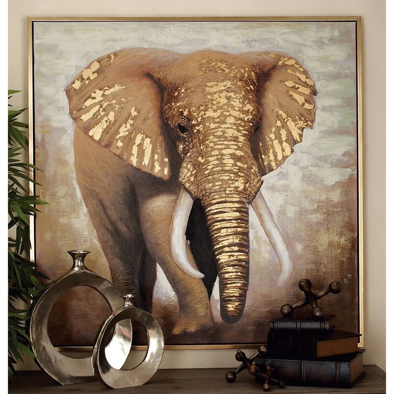 Canvas Elephant Framed Wall Art with Gold Frame - Brown - Roche River Decor