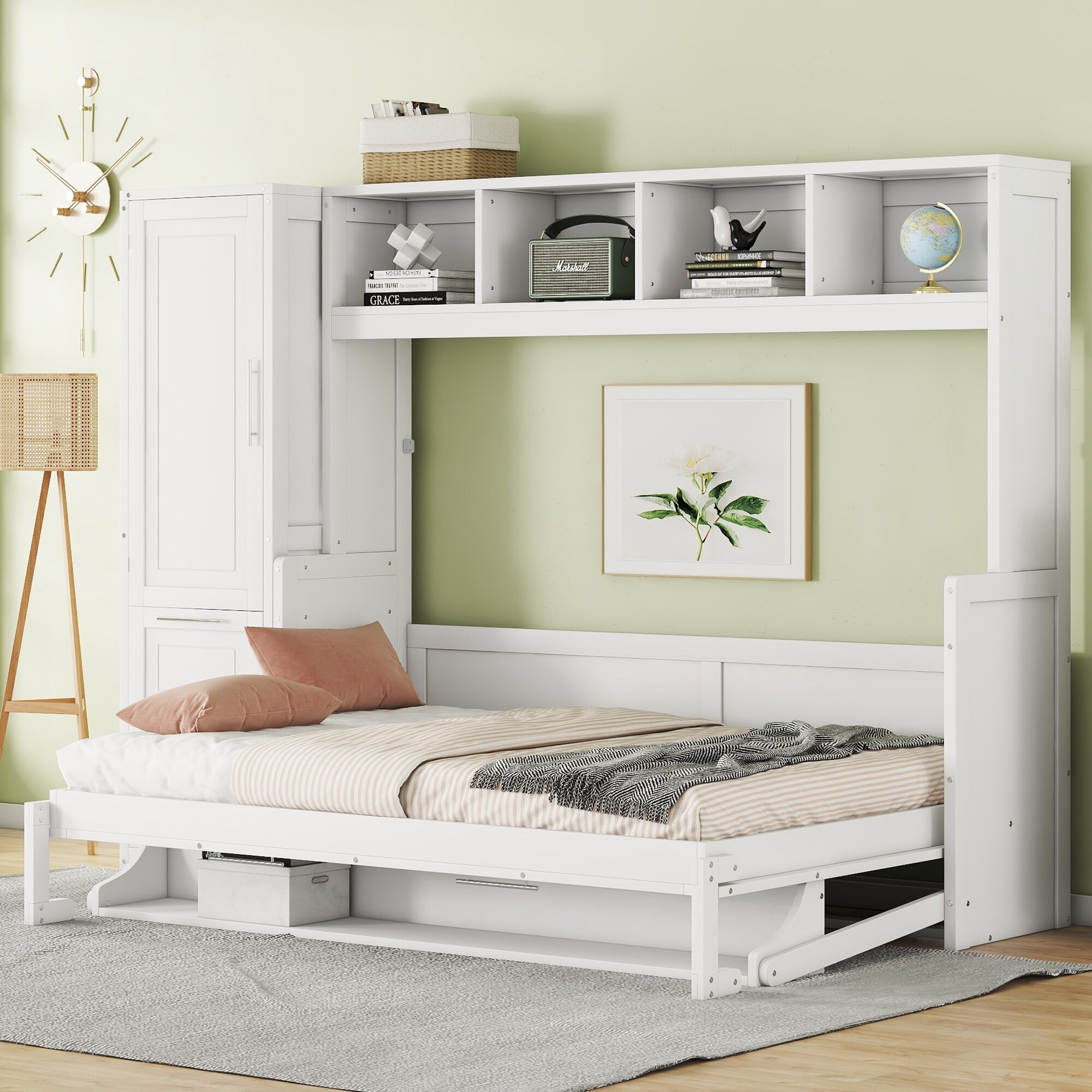 White Full Size Wood Murphy Bed Wall Bed with Closet and Drawers Space Saving Foldable Platform Bed for Home Office Small Room On Sale Bed Bath Beyond 40259734