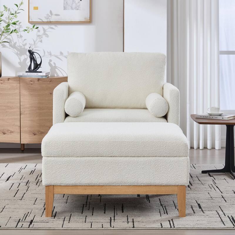 Boucle Armchair with Storage Ottoman - 300lb Capacity, Farmhouse Style
