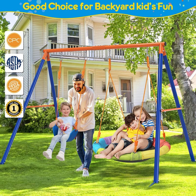 Swing Set with Stand for Kids Heavy-duty Metal A-Frame Outdoor - 86.6 X 68.5 X 72.1 in