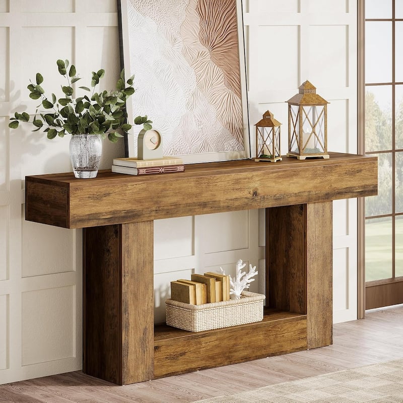 63" Long Console Table, Farmhouse 2-Tier Entryway Table with U-Shaped Base - 63" W x 11.8" D x 32.3" H