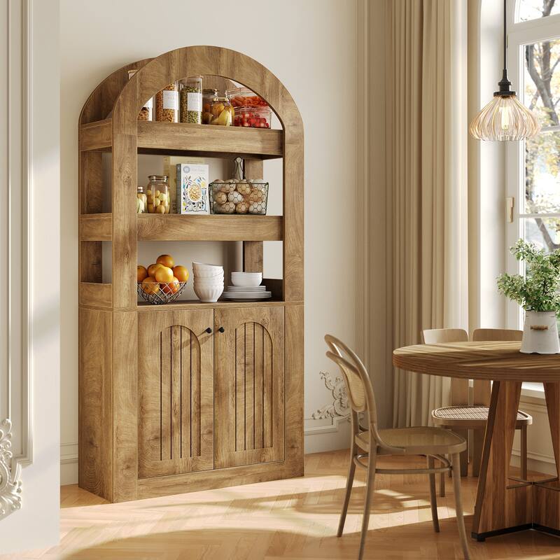 Arched Bookshelf Bookcase with 3-Tier Shelves and a Spacious Cabinet
