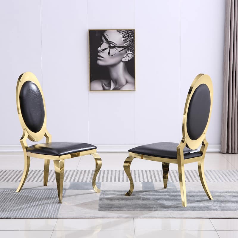 Luxury Black PU Leather Dining Chairs with Polished Gold Cabriole Legs - Short - Black - Set of 2