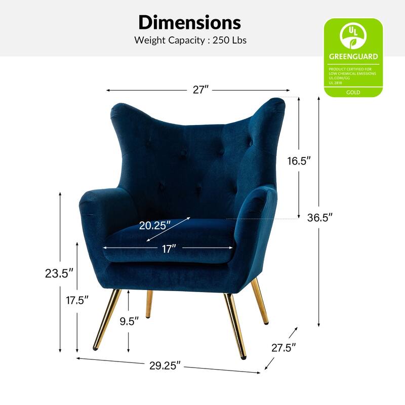 Eusebio Tufted Velvet Accent Chair with Wingback, Arms, and Metal Gold Legs for Living Room or Bedroom by HULALA HOME