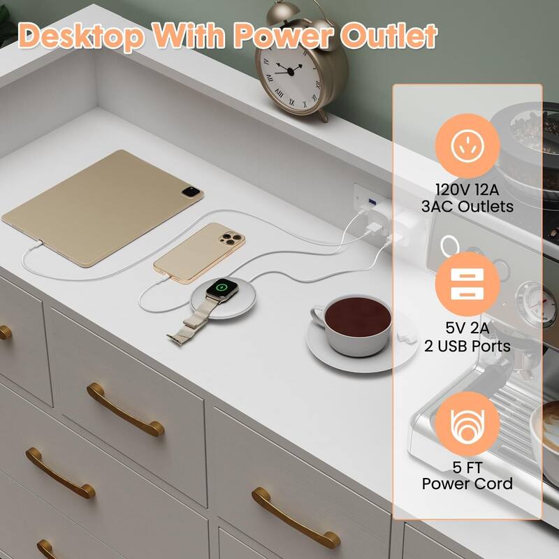 8 Drawer Wood Dresser, with Power Outlet and LED Lights
