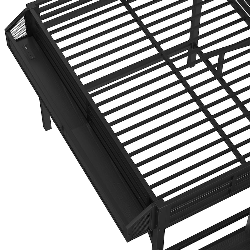 Full Loft Bed with Storage Stairs, Shelves and Built-in Wardrobe, Metal Loft Bed Frame with USB Ports and LED Lights