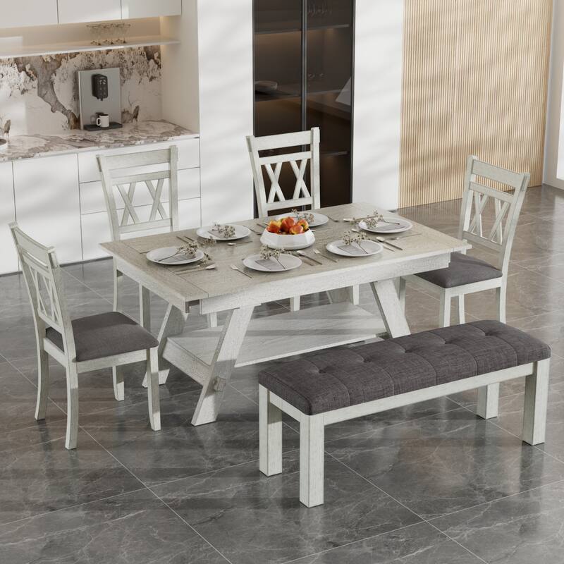 Javlergo Dining Table Set with Bench, Solid Wood Rectangular Extendable Dining Table and Chairs Set for 6-8 - 6-Piece Sets - Grey