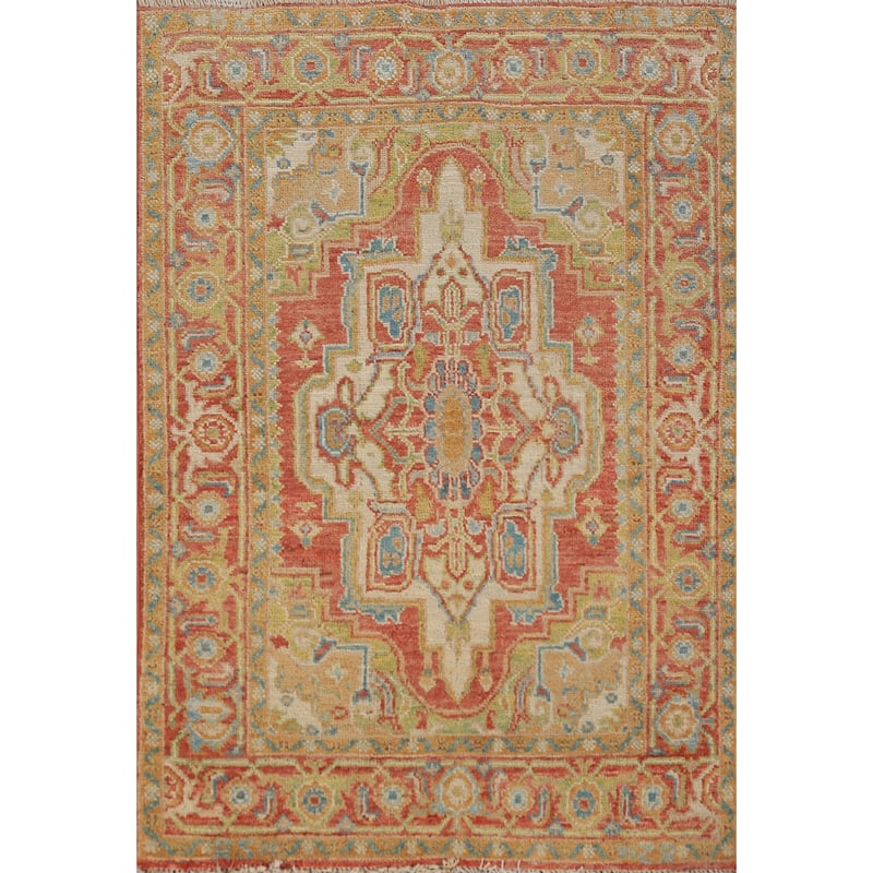Vegetable Dye Heriz Serapi Rug Hand-Knotted Orange Wool Carpet - 2'10"x 4'0"