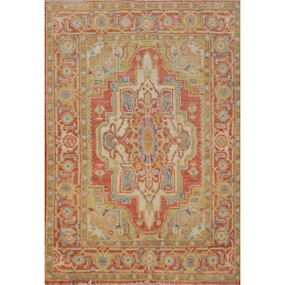 Vegetable Dye Heriz Serapi Rug Hand-Knotted Orange Wool Carpet - 2'10"x 4'0"